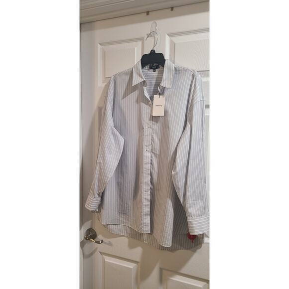 Theory M / L Womens Blouse Oversized Shirt Grey Downing Bold Stripe Cotton $325 - Picture 1 of 5